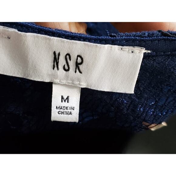 NSR Fit & Flare Dress Women Medium Blue Floral Overlay Lined Fringe Keyhole Back - Picture 2 of 14